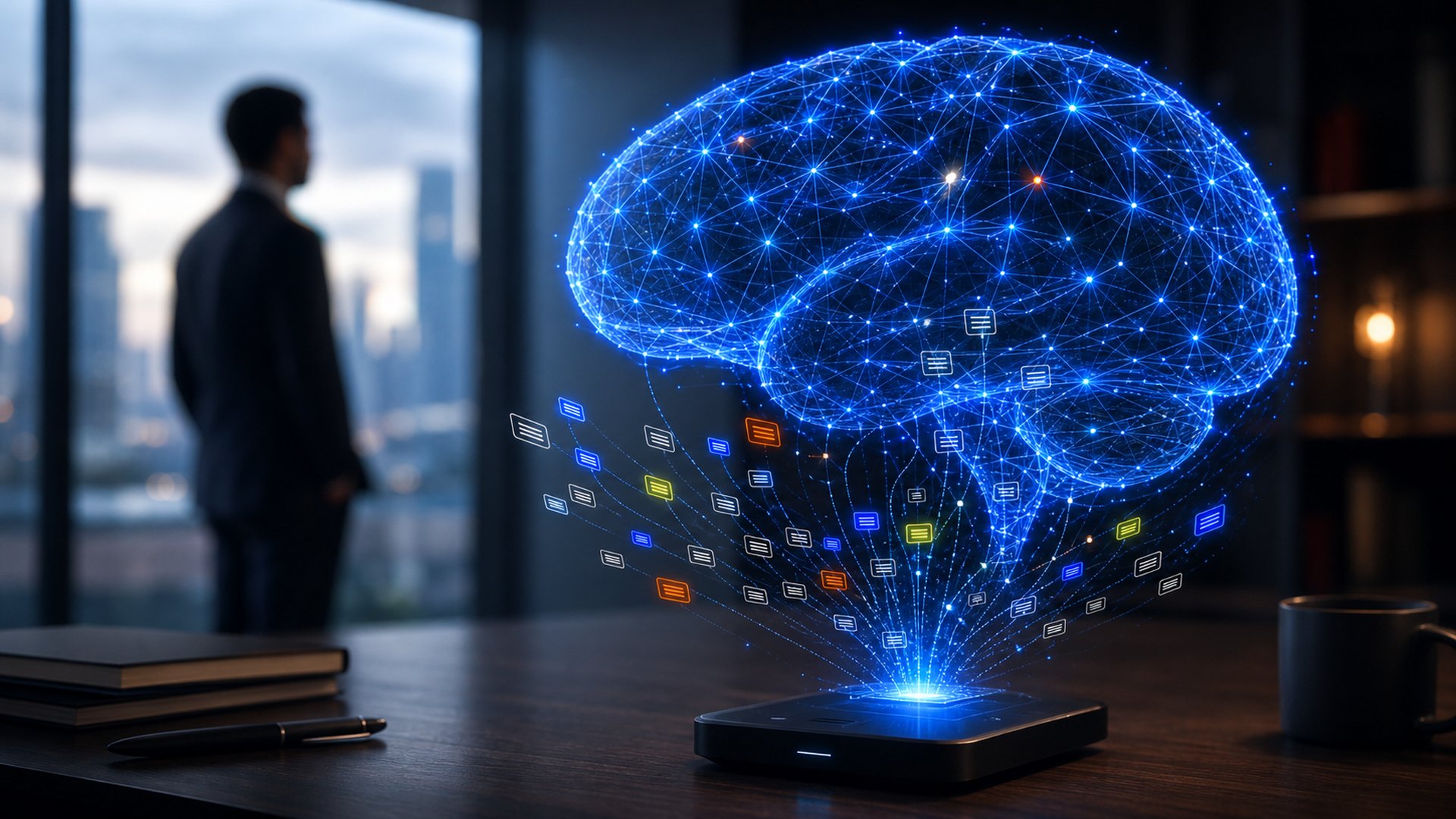A luminous business second brain made from connected knowledge nodes in a modern office